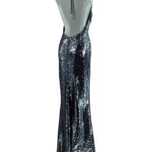 Back of MISHA The Plunge Sequin Jersey Dress in Gunmetal