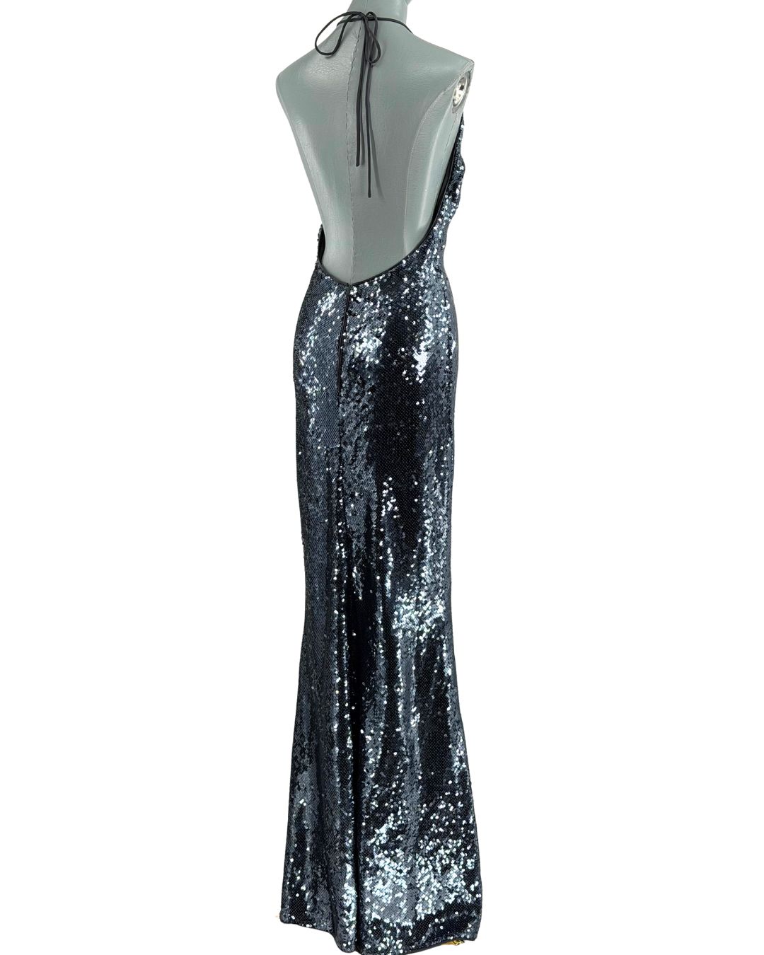 Back of MISHA The Plunge Sequin Jersey Dress in Gunmetal