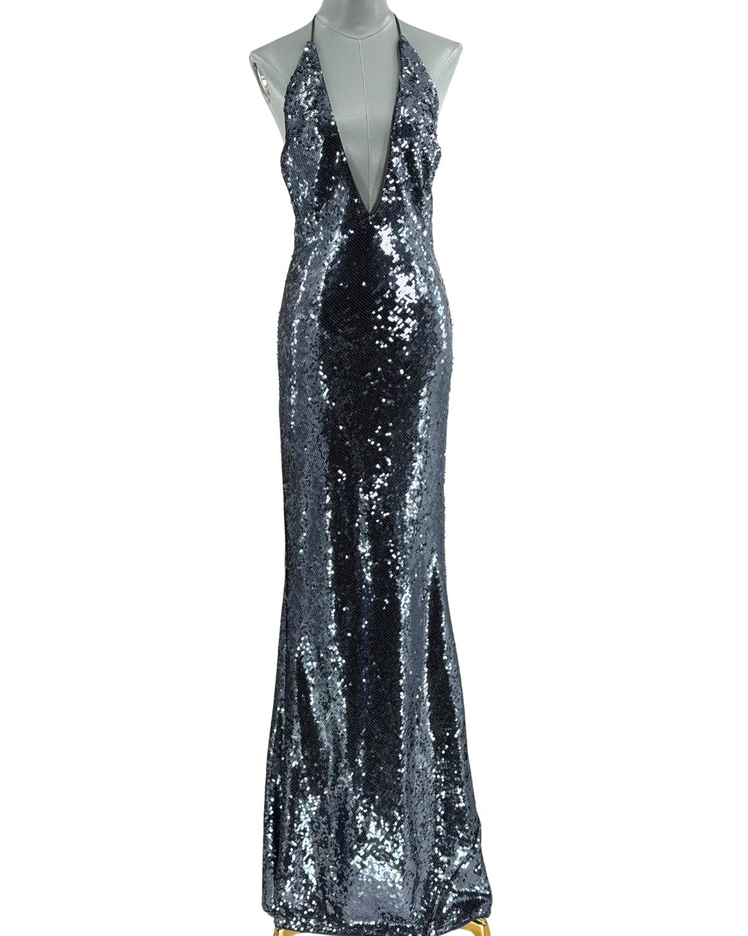 Front view of MISHA The Plunge Sequin Jersey Dress in Gunmetal