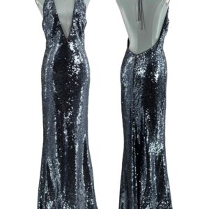 MISHA The Plunge Sequin Jersey Dress in Gunmetal, main image (front/back)