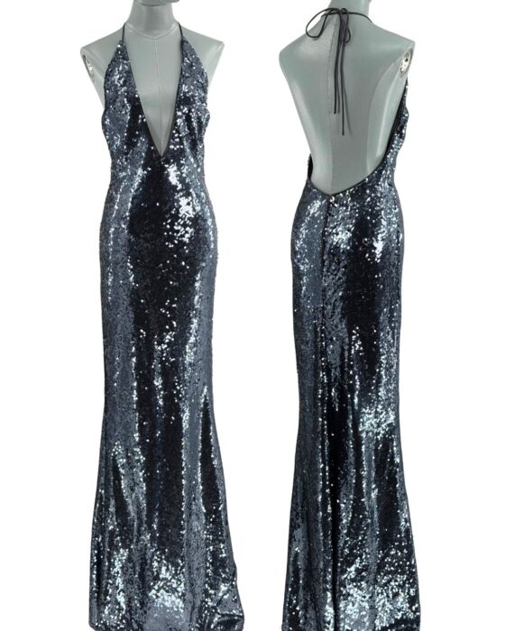 MISHA The Plunge Sequin Jersey Dress in Gunmetal, main image (front/back)