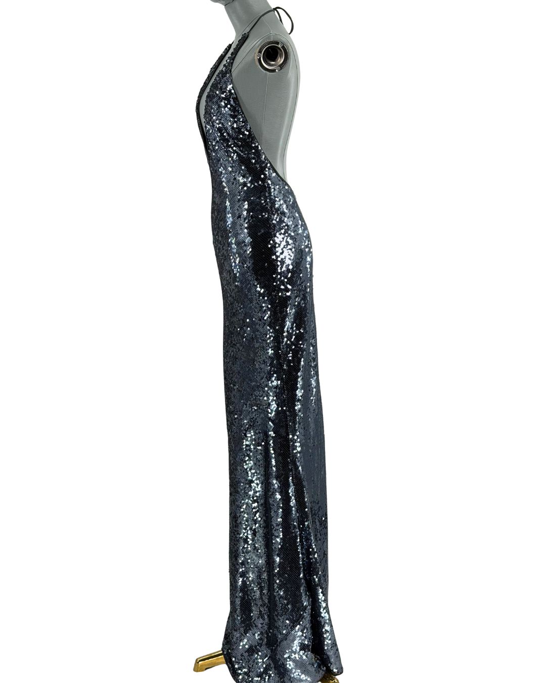 Side view of MISHA The Plunge Sequin Jersey Dress in Gunmetal