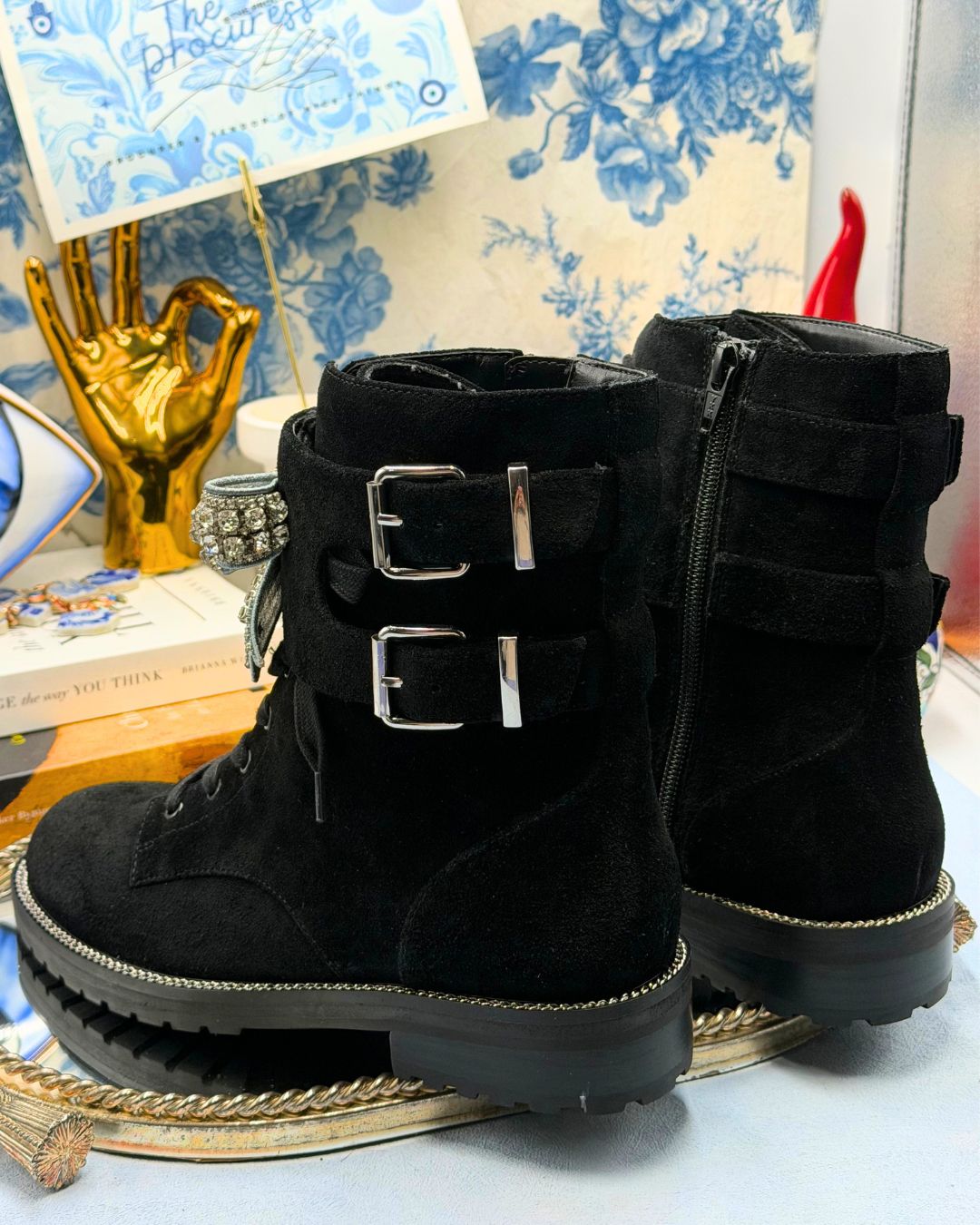 Back view of KURT GEIGER LONDON Sutton Bow Boots in black suede with crystal bows