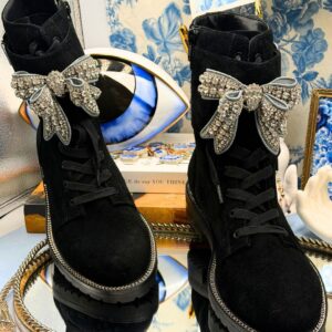 KURT GEIGER LONDON Sutton Bow Boots in black suede with crystal bows