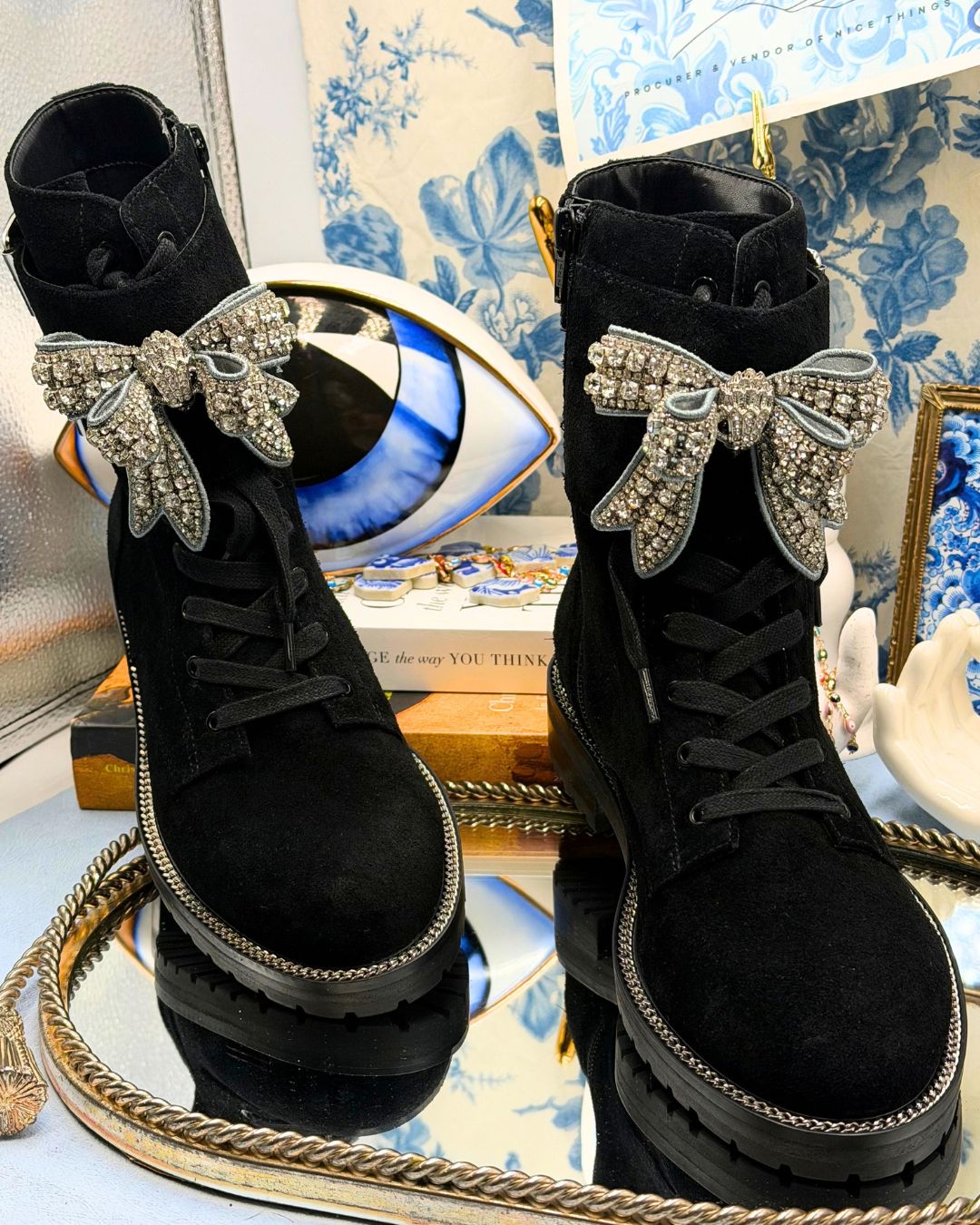 KURT GEIGER LONDON Sutton Bow Boots in black suede with crystal bows