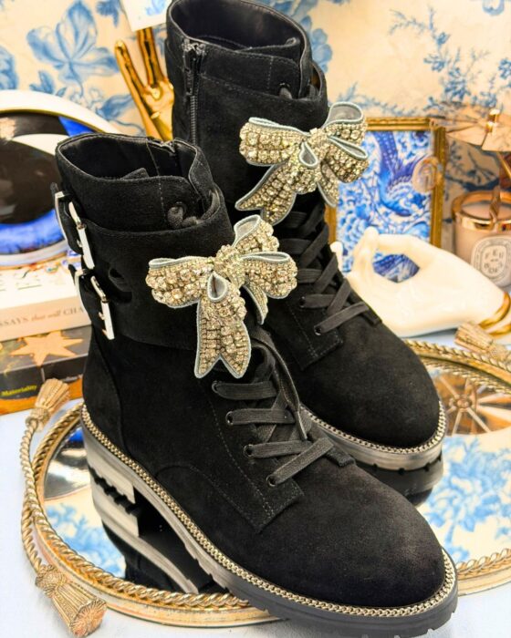 KURT GEIGER LONDON Sutton Bow Boots in black suede with crystal bows