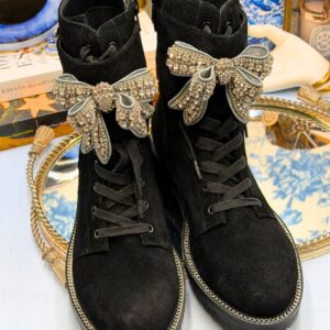 Top view of KURT GEIGER LONDON Sutton Bow Boots in black suede with crystal bows
